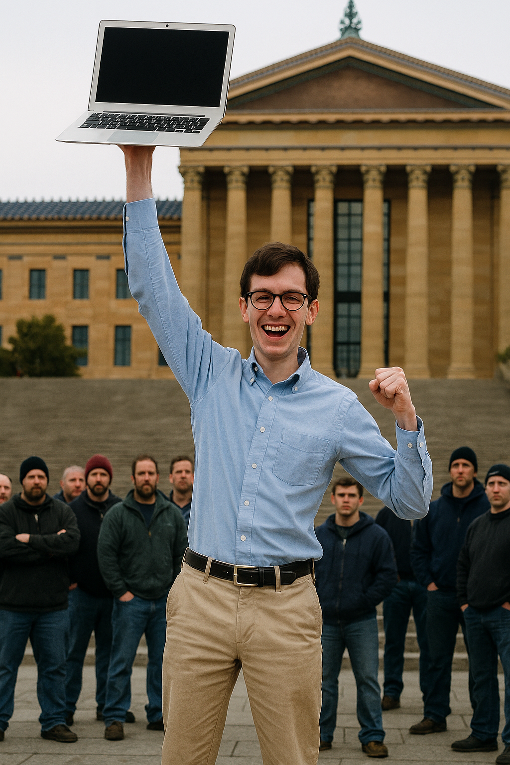 Mark triumphantly raising laptop on Rocky Steps